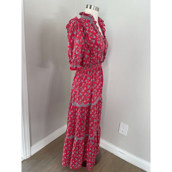 Max Studio Womens Medium Red Floral Maxi Tiered Dress Ruffle Trim Short Sleeve - Picture 2 of 9